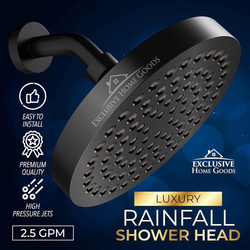 Luxury Rainfall Shower Head - High-Pressure Showerhead Jets, Rain Shower Head Ant-Clog Silicone Nozzles (2.5 GPM, Matte Black)