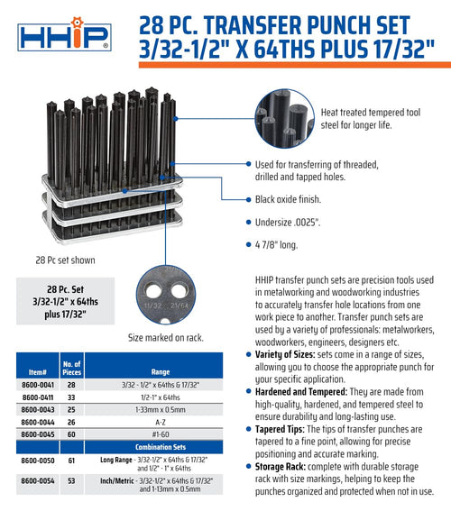 8600-0041 28 Piece Transfer Punch Set, 3/32" - 1/2"